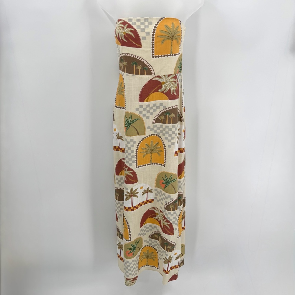 Paper Heart Dress Womens L Linen Blend Strapless Maxi Tropical Palms Long NWT